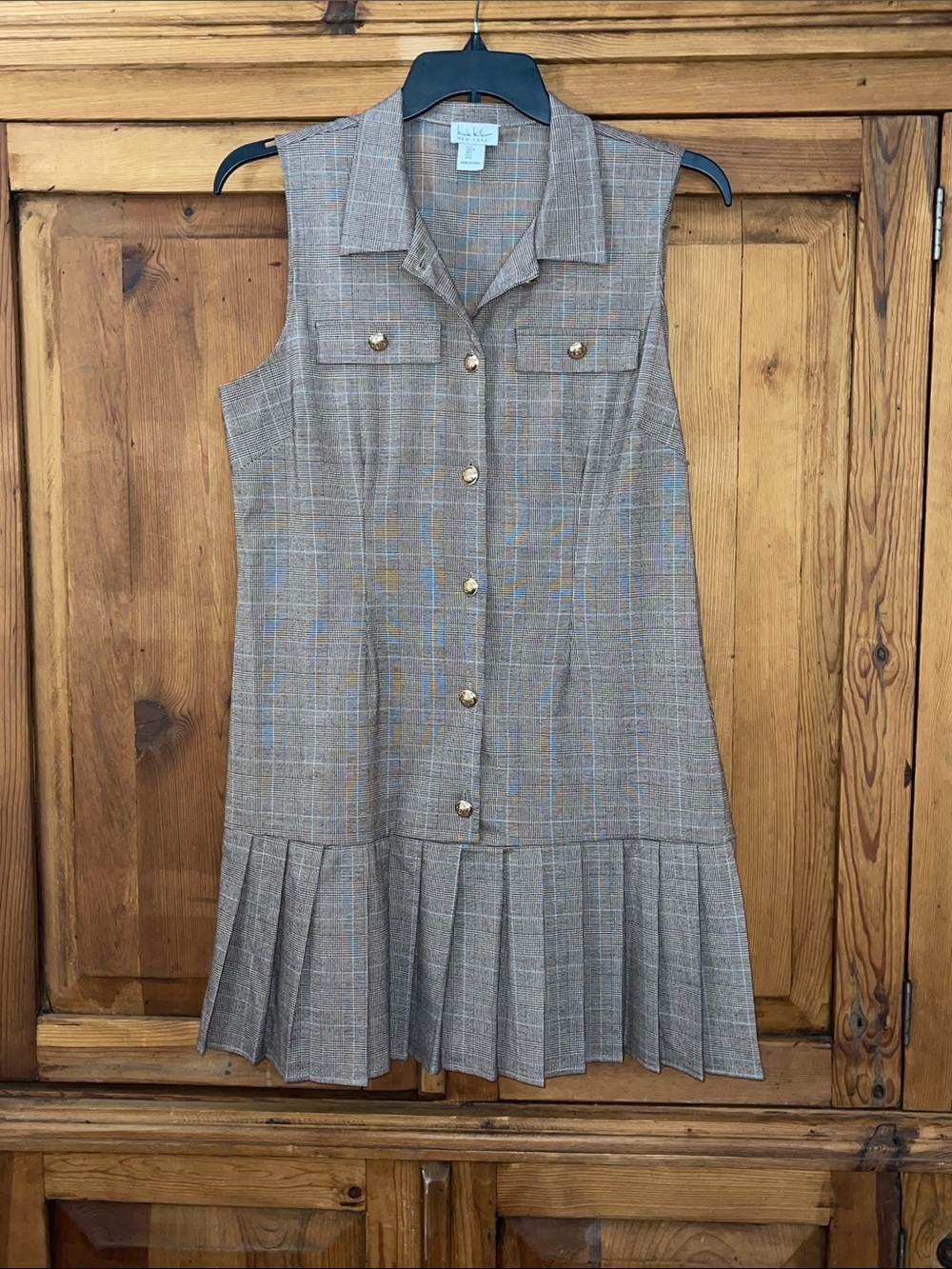 NWOT Nicole Miller Brown Glen Plaid Sleeveless Pleated Hem Mini Dress Sz. L